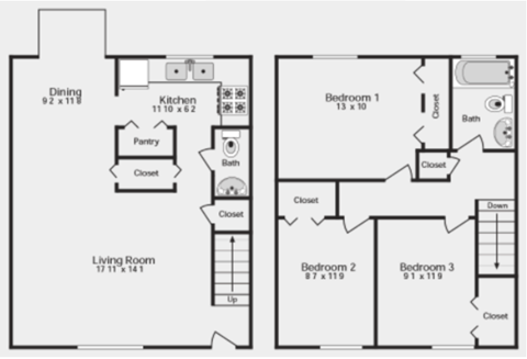 Floor plan for 3 beds, 1.5 baths, 1320 sqft